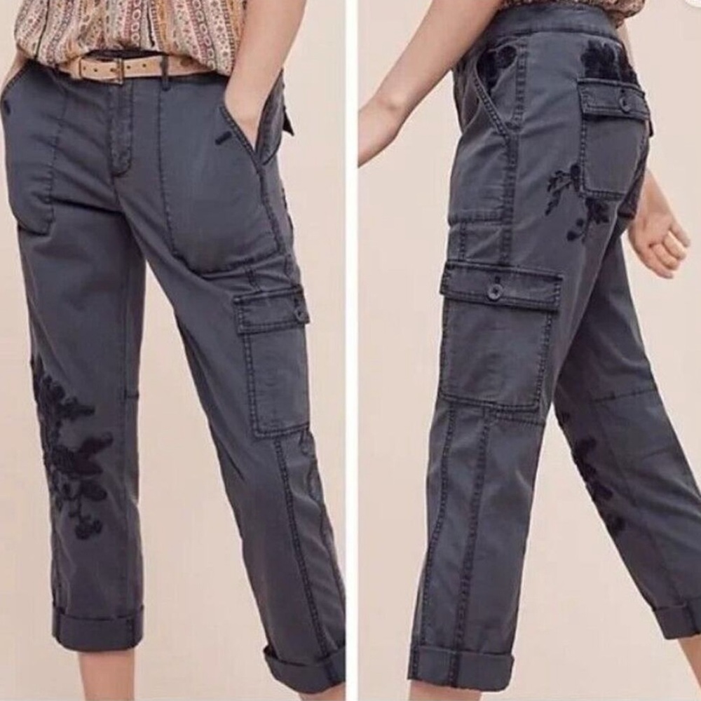 Hei Hei Anthropologie The Wanderer Blue Embroidered Crop Cargo Pants 27 Utility